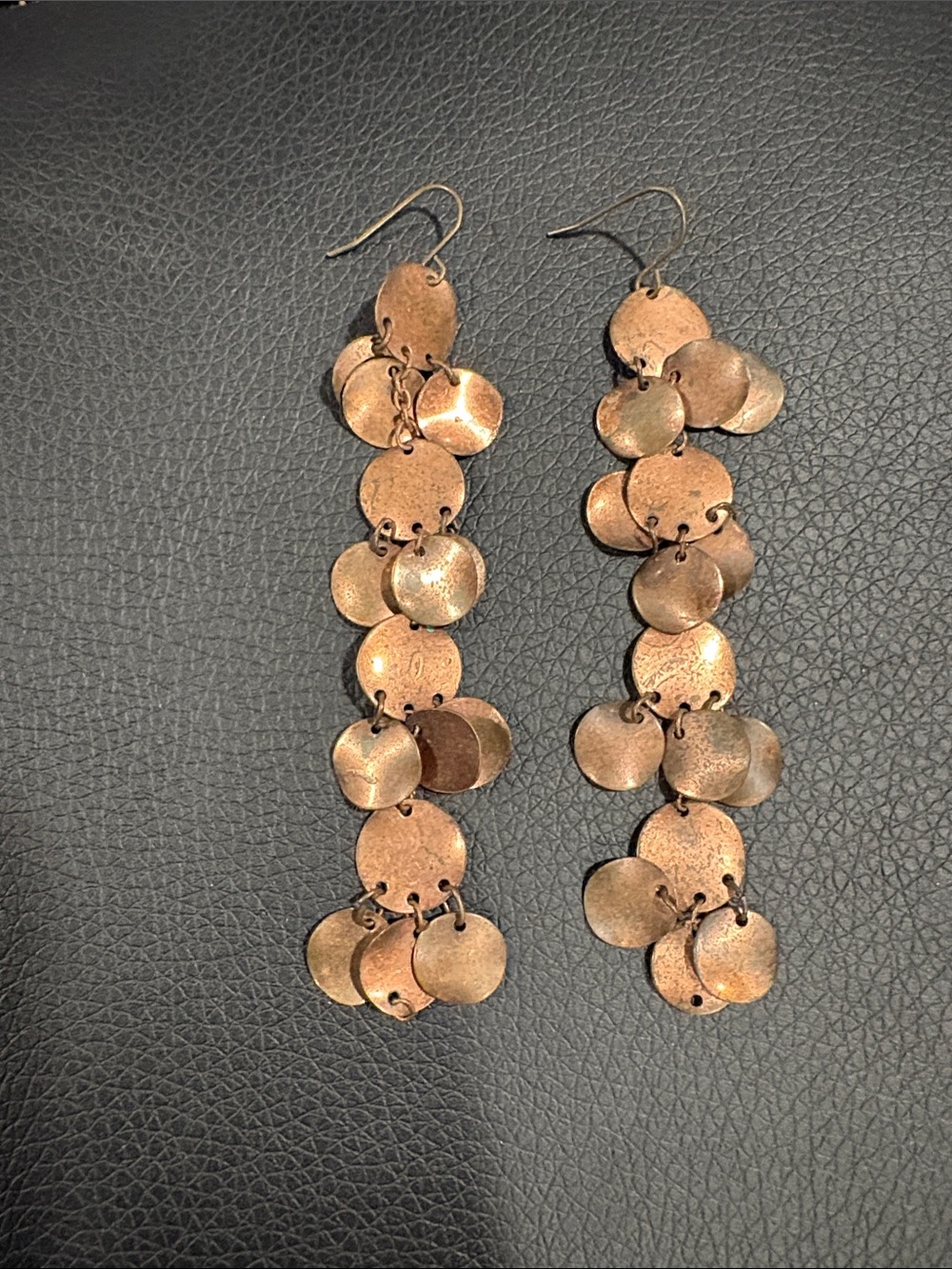 Handmade Copper Disc Dangle Earrings - Long Copper Cascade